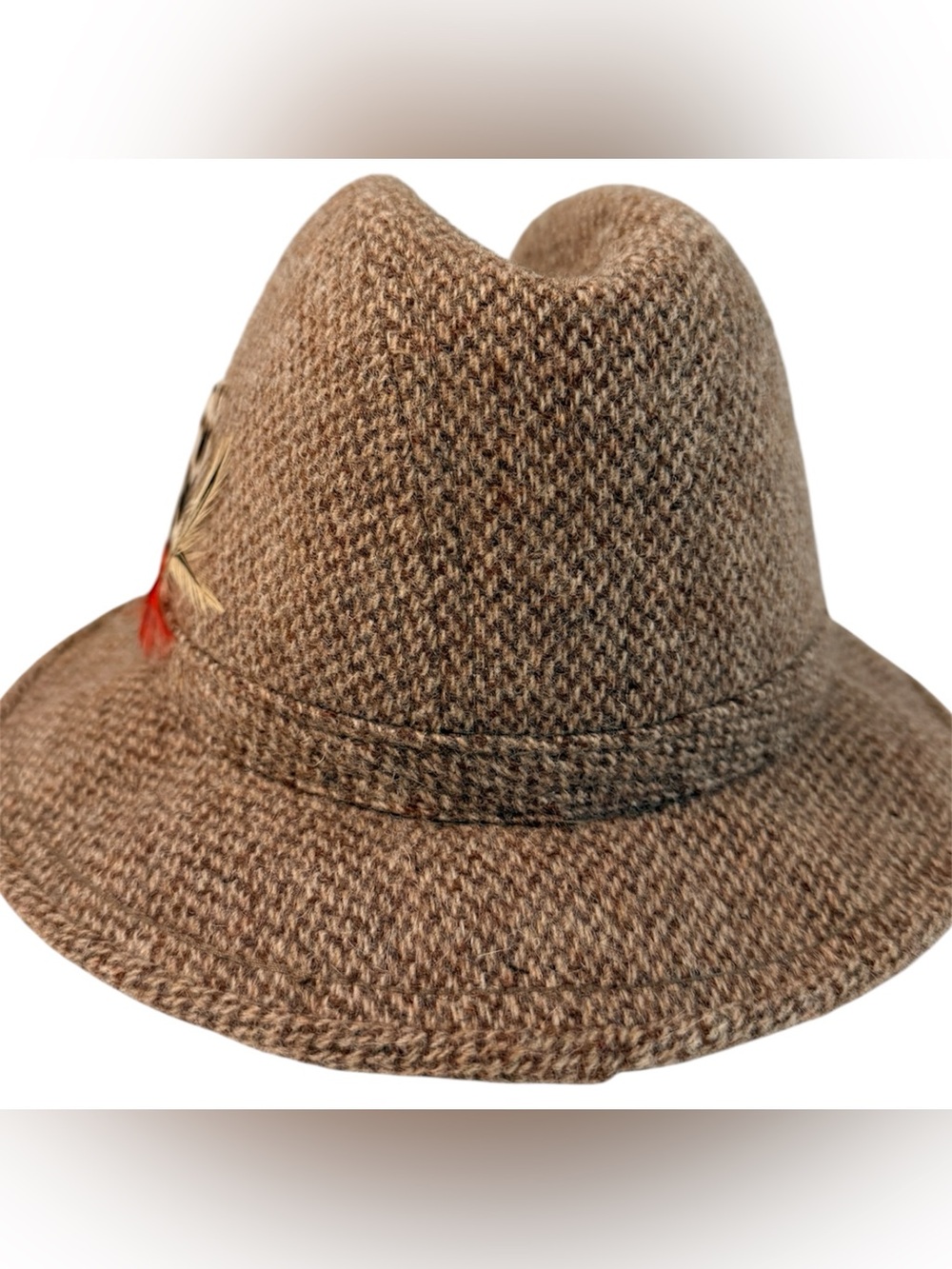 Vintage Adam New York Brown Tweed Trilby Fedora Hat Feather Accent XS
